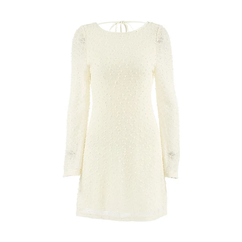 Apricot Sexy Slim Round Neck Lace-up Jacquard Dress2025Spring Fashion New Wholesale Short Skirt for Women