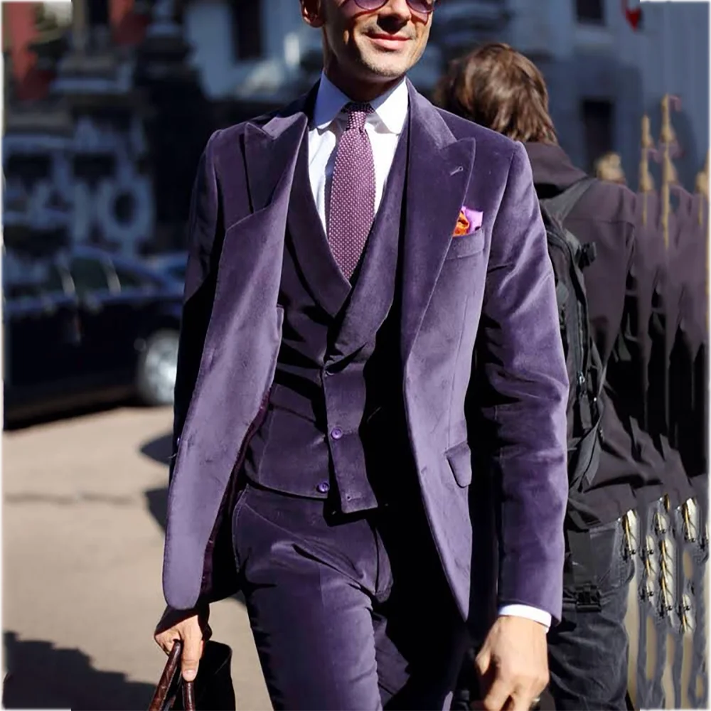 

Purple Velvet Man Suit Classic Single Breasted Peaked Lapel Luxury Outfit Gentleman Elegant Wedding Suit Male Clothes Set