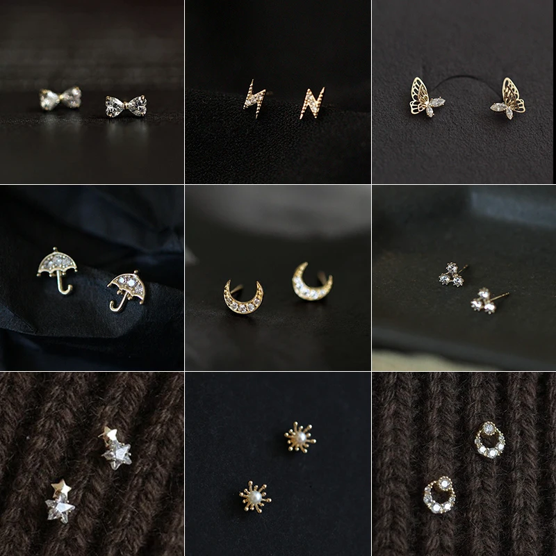 925 Silver Needles Ear Piercing Zircon Moon Butterfly Flower Gold Color Stud Earrings for Women Sweet Fashion Girl Jewelry Gift