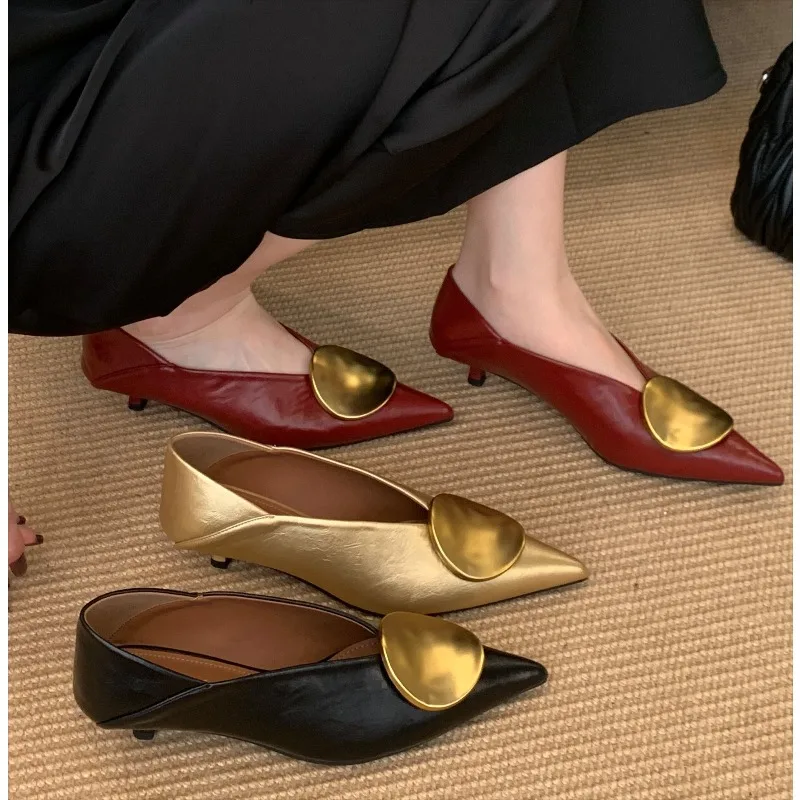 

2025 Autumn New Brand Women Pumps Shoes Fashion Gold Metal Shallow Slip on Single Shoes Thin Low Heel Dress Pumps