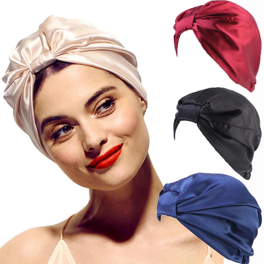 Women Twist Knot Satin Bonnet Soft Sleep Cap Elastic Hair Wrap Night Head Cover for Curly Hair Hair Protection