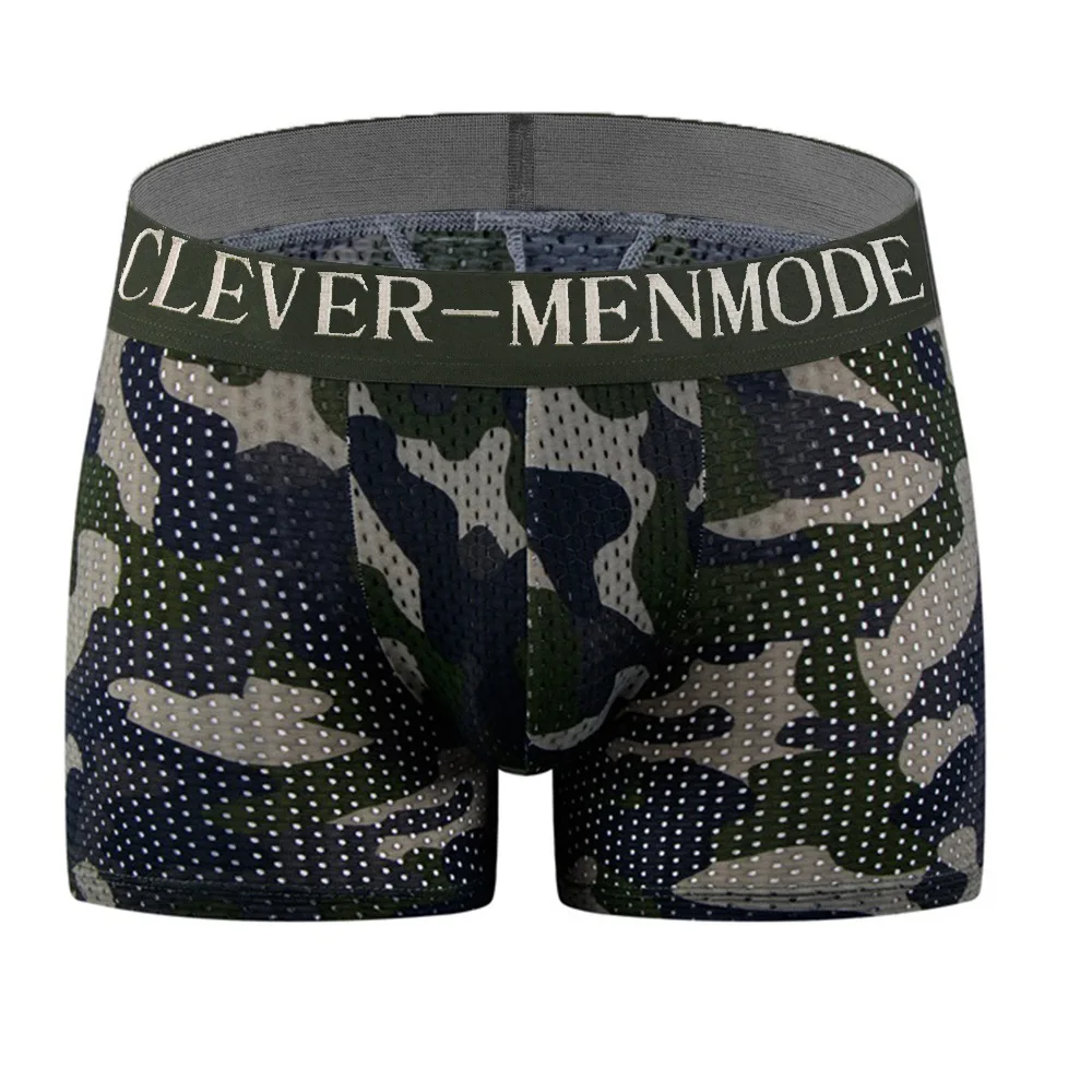 Men's Sexy Camuflagem Mesh Underwear, respirável Boyshort, Hip Sponge Pad, estendido, confortável, Exército Verde, Sexo Gay