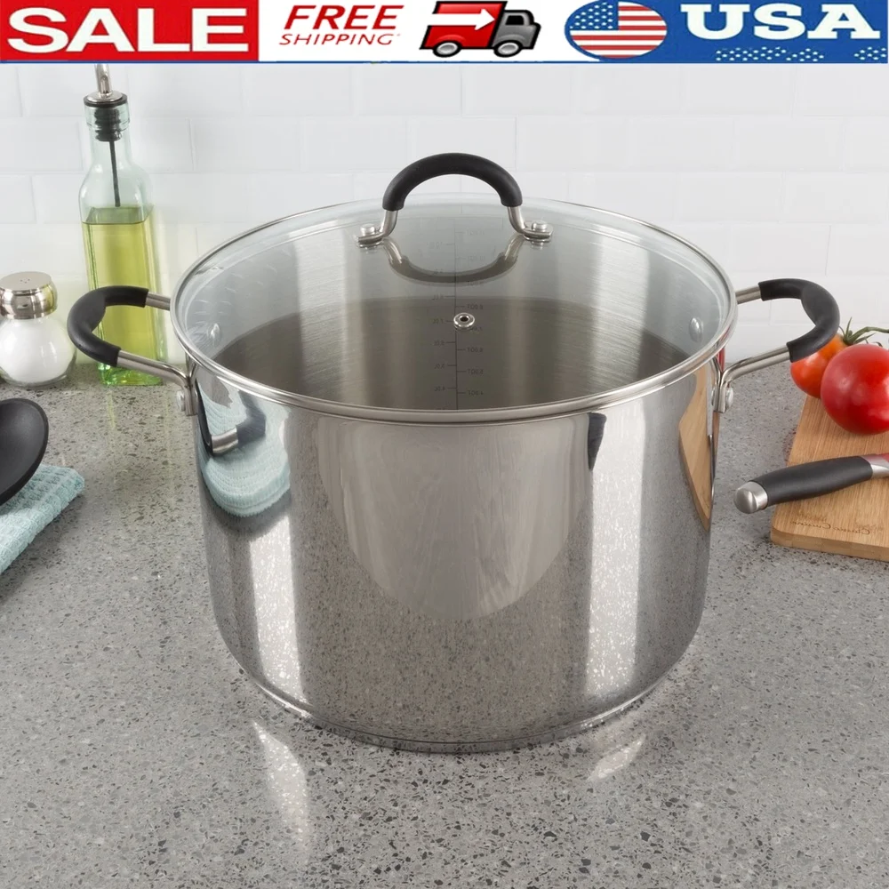 

Large 12 Quart Stainless Steel Stock Pot with Lid Induction Compatible Dishwasher Safe Tempered Glass Lid Stay Cool Handles