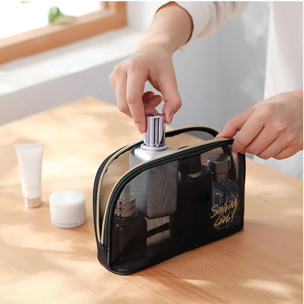 Portable Large Capacity Mesh Cosmetic Bag Transparent Black Nylon Mesh Makeup Pouch Travel Storage Case Toiletry Organizer