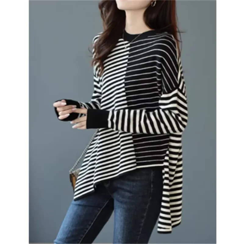 Round Neck T-shirt Women\'s Striped Tshirt Blous Pullover Contrasting Shoulder Down Top for Women Asymmetric Tshirt Female Tees