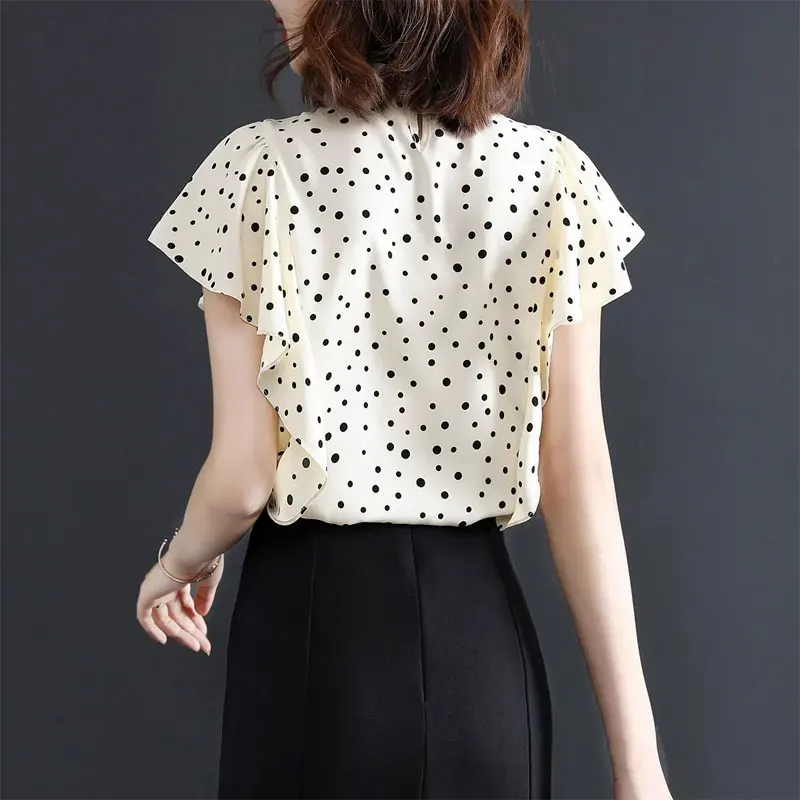 Korean Polka Dot Lace Chiffon Blouse Elegant Stand Collar Ruffles Spliced Women\'s Clothing Stylish Bow Summer Short Sleeve Shirt