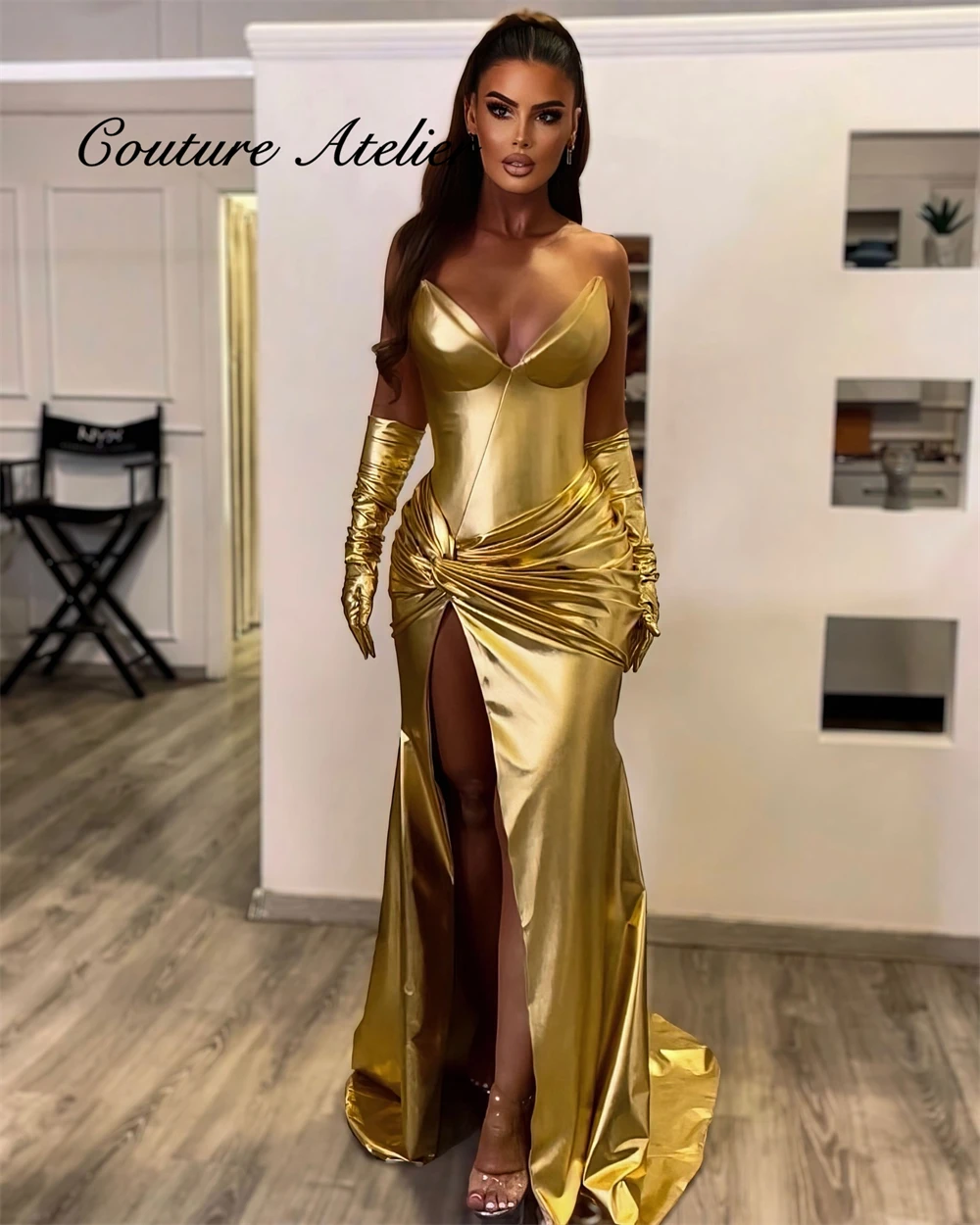 Mental Golden Sweetheart High Split Prom Dress For Blackgirls With Glove Birthday Dress Luxury 2024 Mermaid Dresses Customized