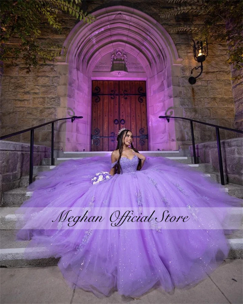 Vestido morado con hombros descubiertos para quinceañeras, vestido De graduación con cuentas, apliques hinchados De lujo, dulce 16 15, personalizado