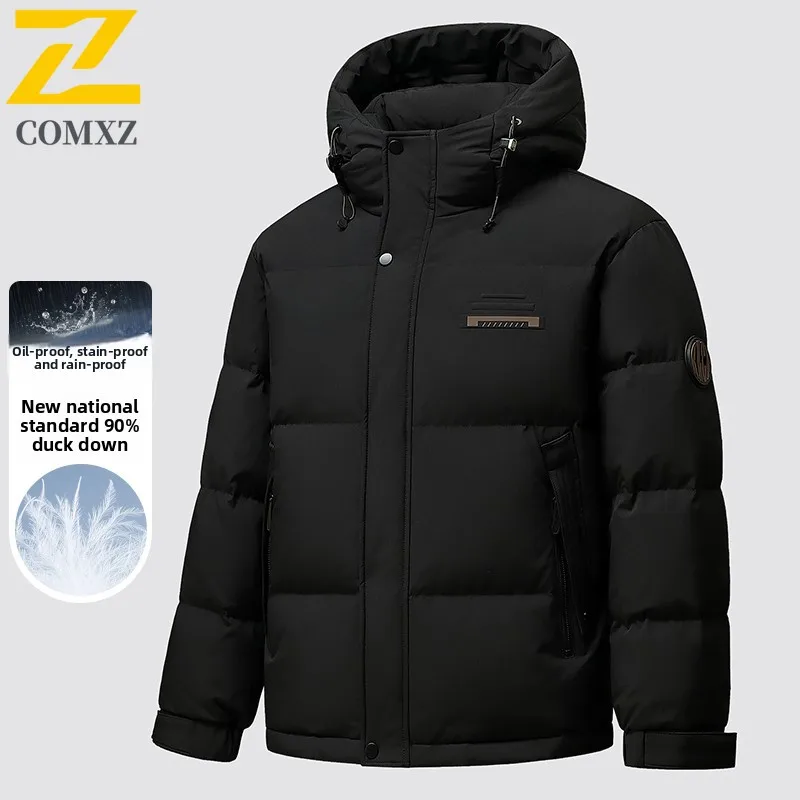 COMXZ Mens Short Down Jacket Thickened Hooded Korean Style Fashion Lightweight Puffer Coat Outdoor Cold Resistant Winter Parka
