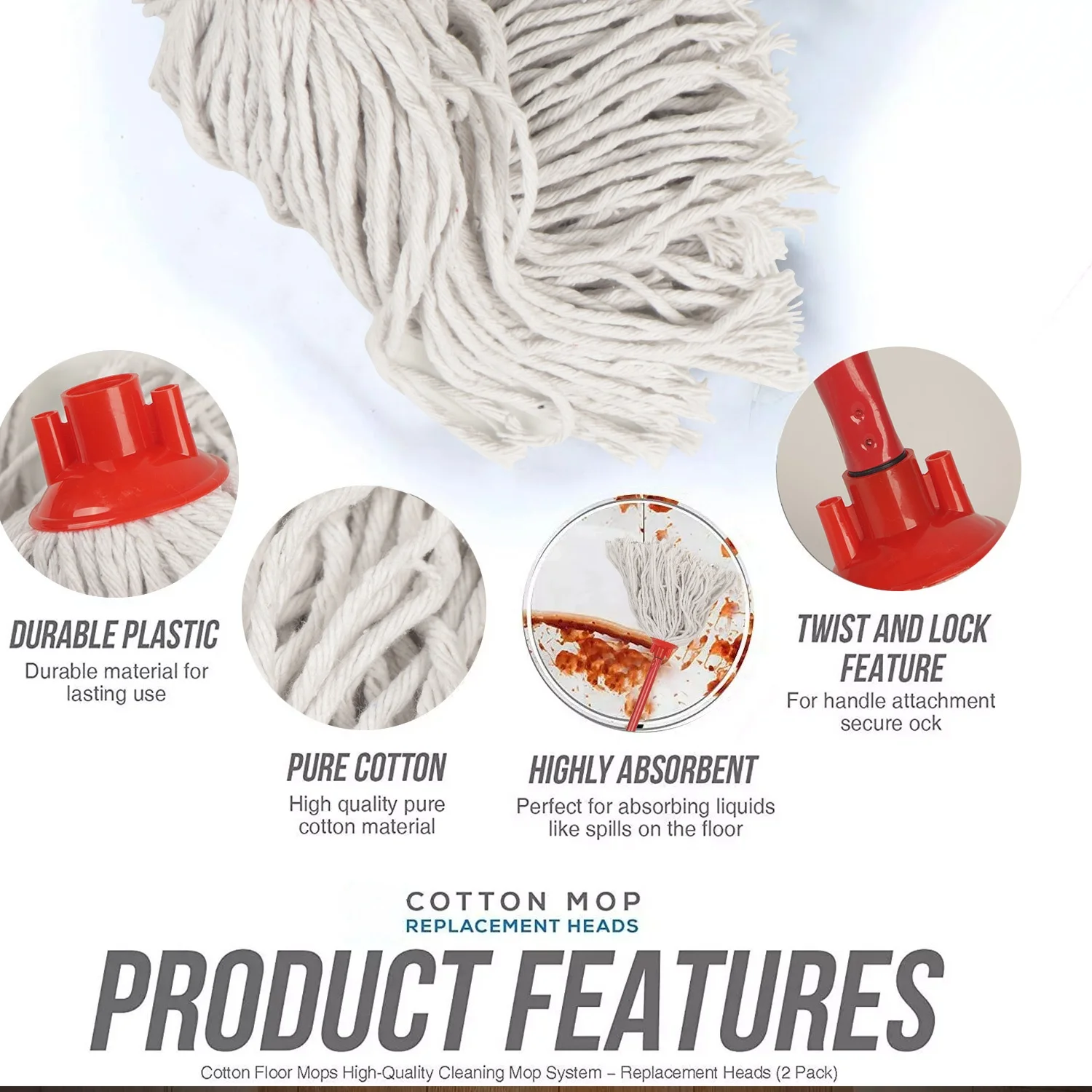 Cotton String Mop Head Replacement 280g, Super Absorbent Heavy Duty Mop Refill Twist and Lock for Home Floor Cleaning