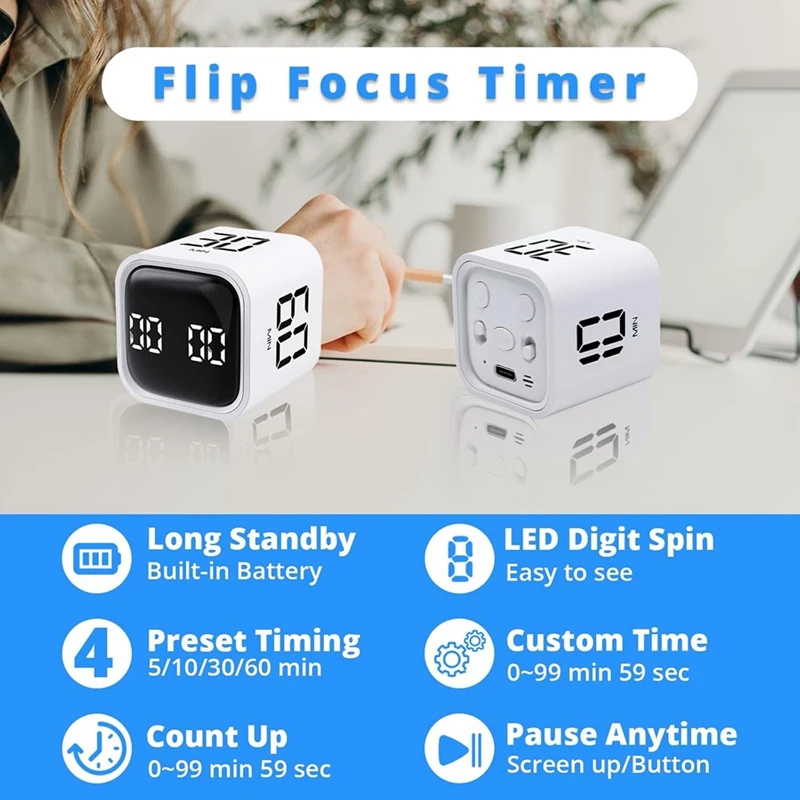 Timer Flip Gravity Sensor  Cube Timer Countdown&Countup  5/10/30/60Min&Custom Timing  For Work Learning Kitchen Cooking