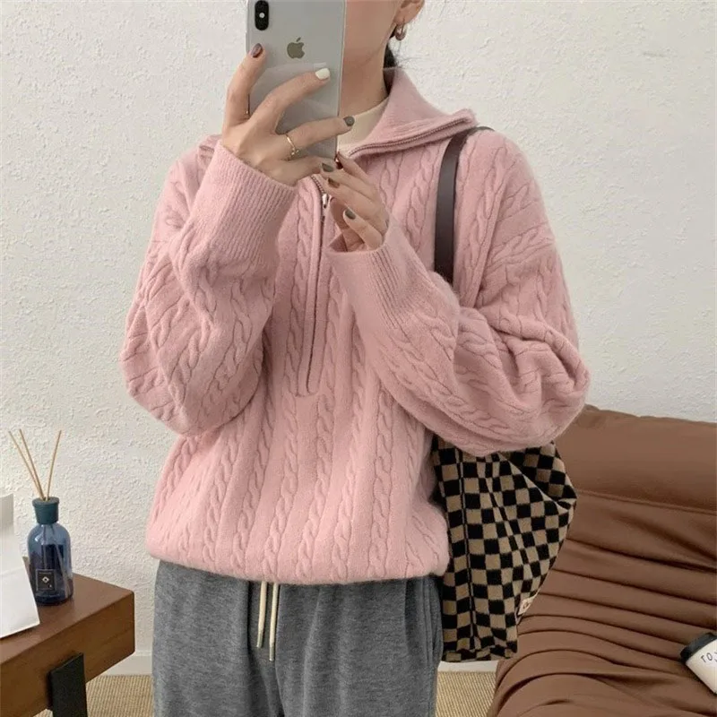 Luxury lapel design zippered sweater women's top autumn and winter new long sleeve solid color temperament loose thread sweater