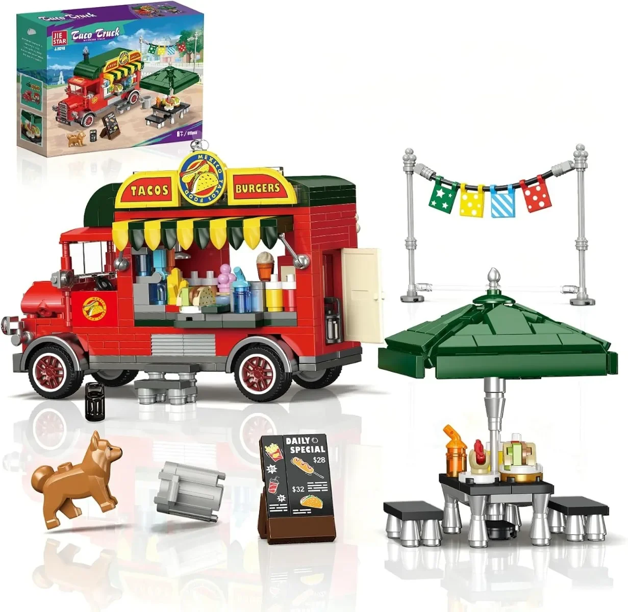 City Street Taco & Burger Truck Building Kit, Food Cart Model with Serving Window, Creative Display Collectible for Adults