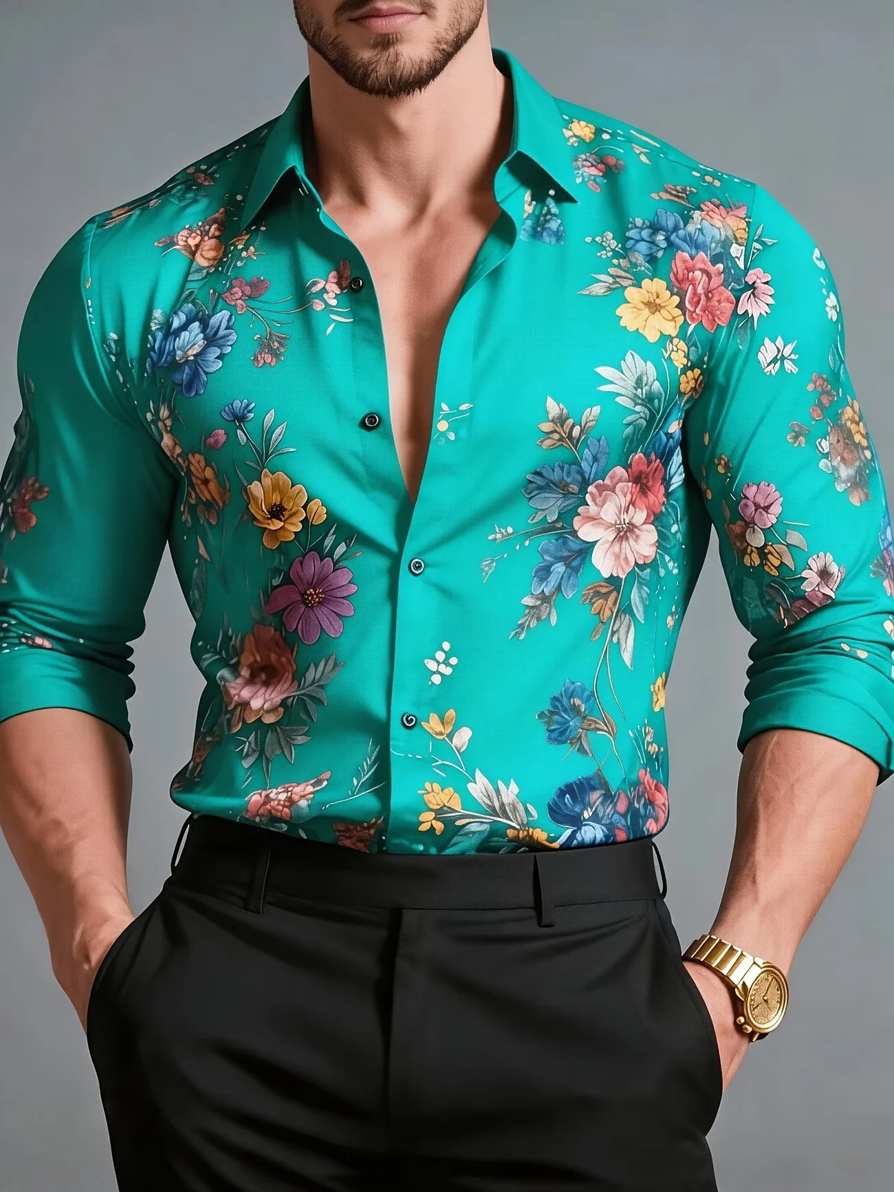 New pink base multi-color rainbow horizontal stripe print white button men's trendy slim fit long sleeved shirt