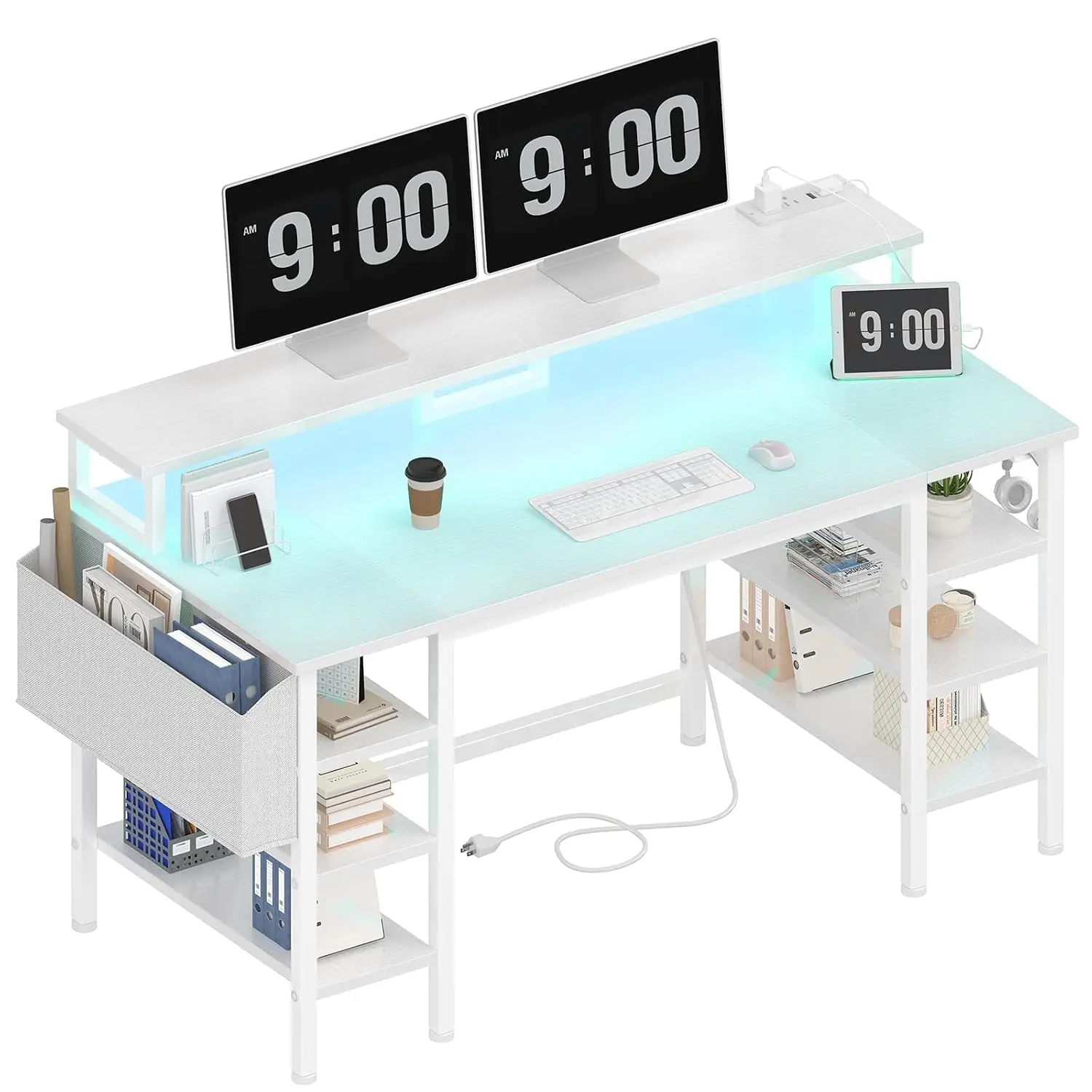White Desk with Storage Shelves - 47 inch Home Office Gaming Desk with Monitor Stand, Computer Desk with LED Lights and Power