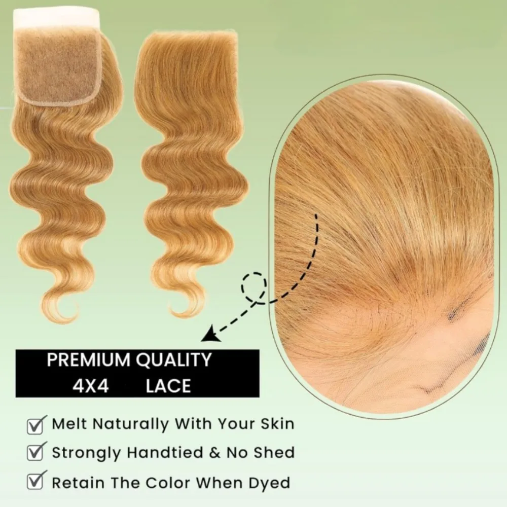 허니 블론드 4x4 클로저 인모 바디 웨이브 색상 # 27 Sun-kissed Vibe 골든 블론드 웨이브 프리 파트 멜트 4x4 클로저 12A 등급