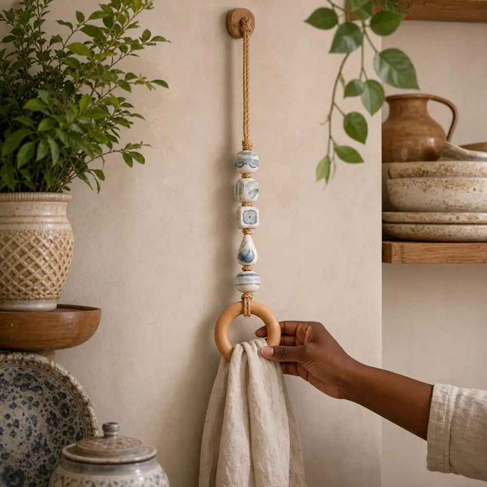 Boho Farmhouse Hand Towel Ring Wood and Ceramic Beaded Hanging Towel Holder Rustic Dishcloth Hanger for Bathroom Kitchen RV Wall