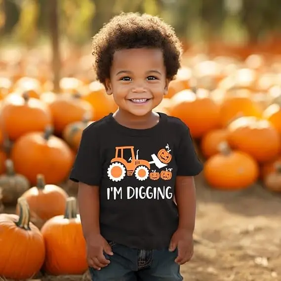 Little Hand Toddler Boys Halloween T-shirt Kids Pumpkin Excavator Glow in The Dark Short Sleeve Cotton Top for 2‑7T