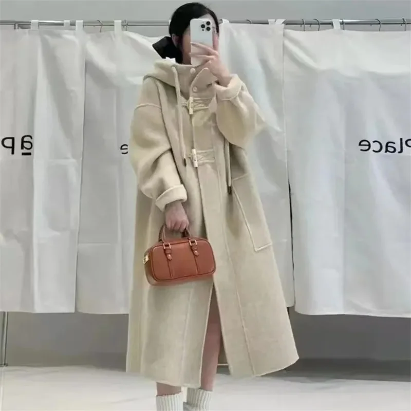 

Осень 2024, корейское модное шерстяное пальто, пальто с роговицами, длинное шерстяное пальто, женская элегантная зимняя куртка, модная винтажная свободная куртка