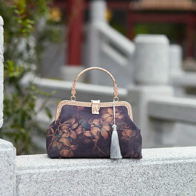 Handmade Female Satin Chinese Old Time Style Frame Handbag Lady Vintage Retro Chic Boutique Fringes Luxury Design Messenger Bag