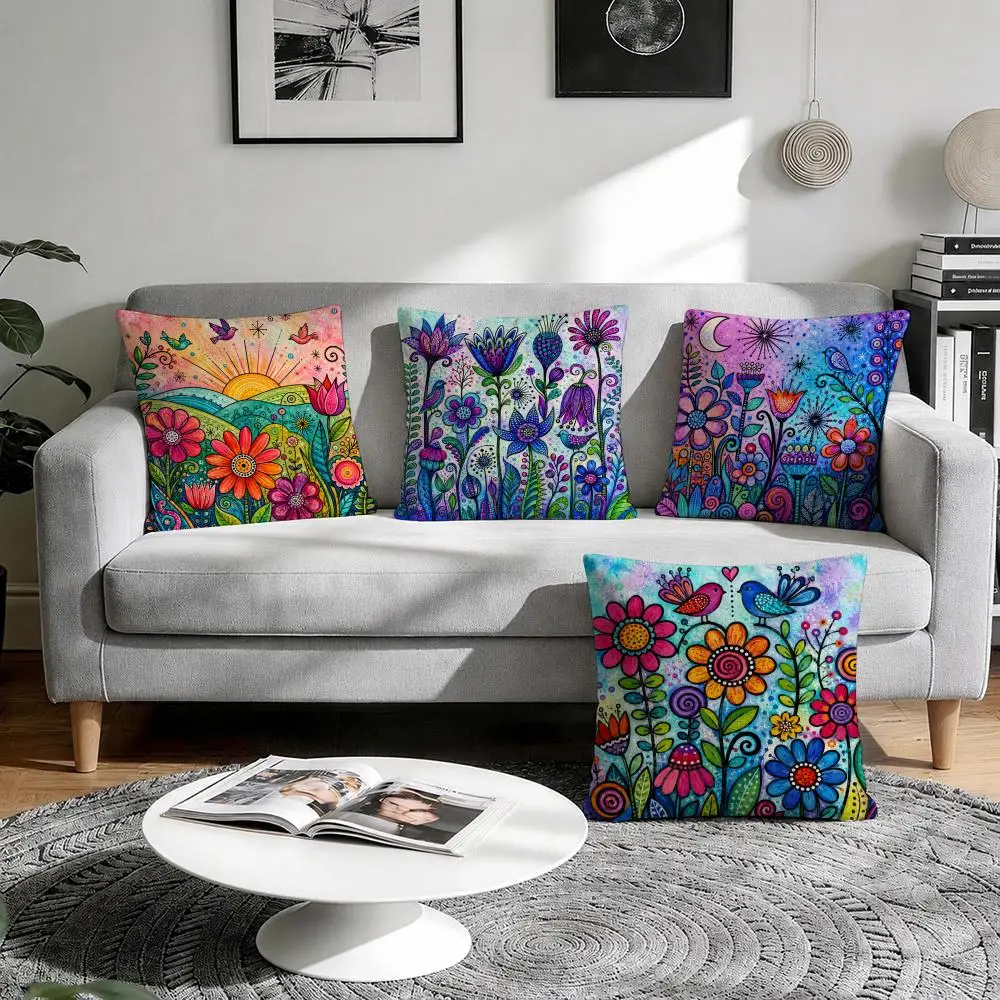 Colorful painted flowers Cushion Cover Natural Breathable Durable Linen Printed Decor Pillow Case Sofa Bedroom