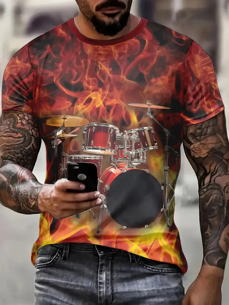 Men's Drum Print T-Shirt Tops Casual Short Sleeve Crew Neck Tee Shirts Full Print Musical Instruments Tshirts For Men