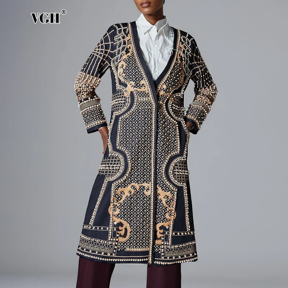 

VGH Colorblock Prinitng Роскошные куртки миди для женщин с v-образным вырезом и длинными рукавами, свободные пальто с бисером, темперамент, женская одежда