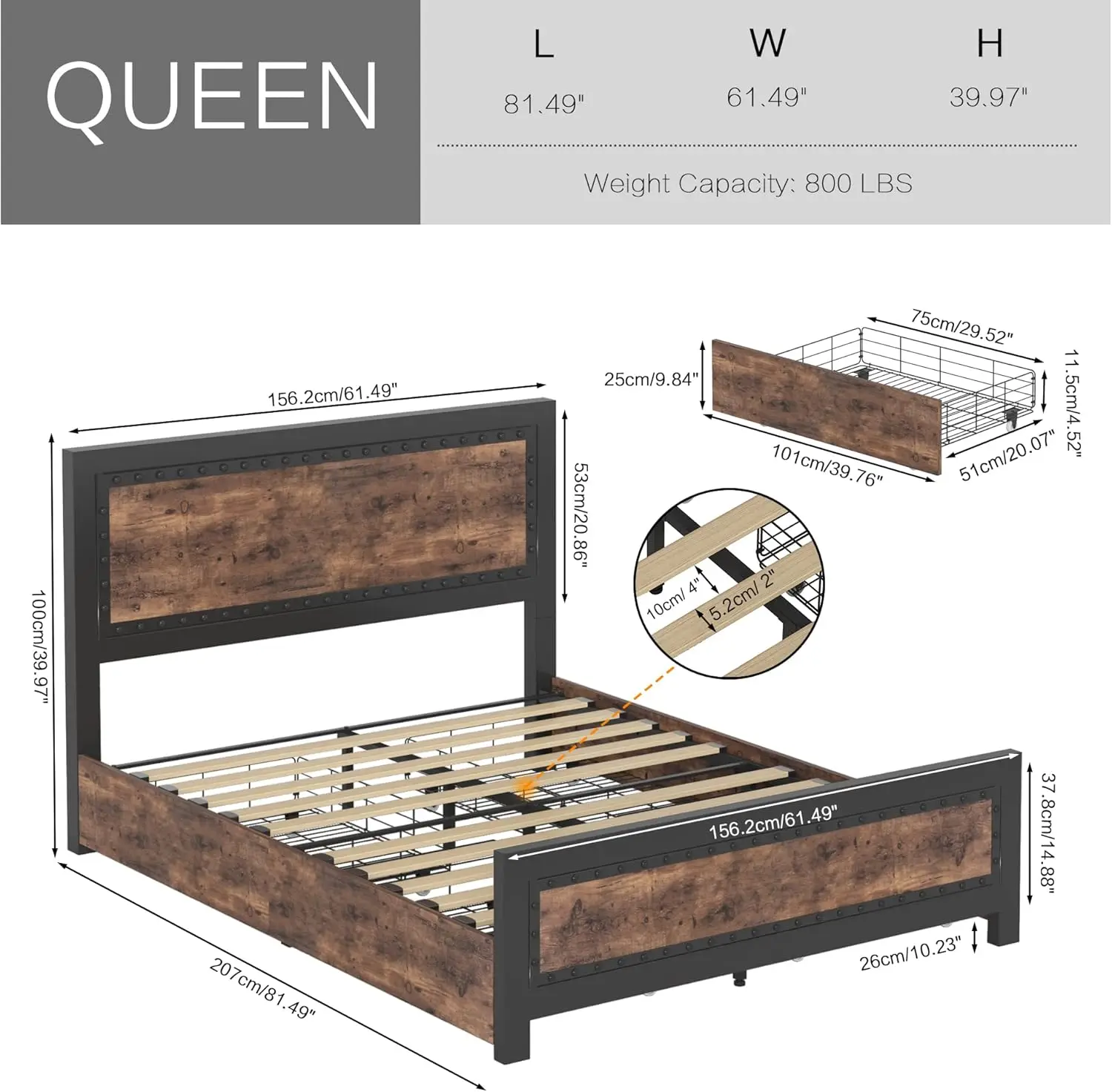 Queen Bed Frame with 4 Storage Drawers, Rivet Modern Headboard and Platform Bed with Solid Wood Slats Support,