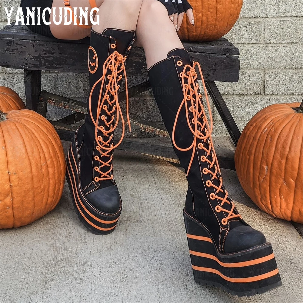 Black and Orange Striped Platform Wedge Boots Black Canvas Knee Boots Pumpkin Smiley Sticker Halloween Cosplay Boots for Women