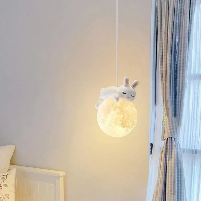 Rabbit Pendant Light Three Heads LED Chandelier Adjustable Height Kids Room Bedroom Moon Lamp Creative Decor