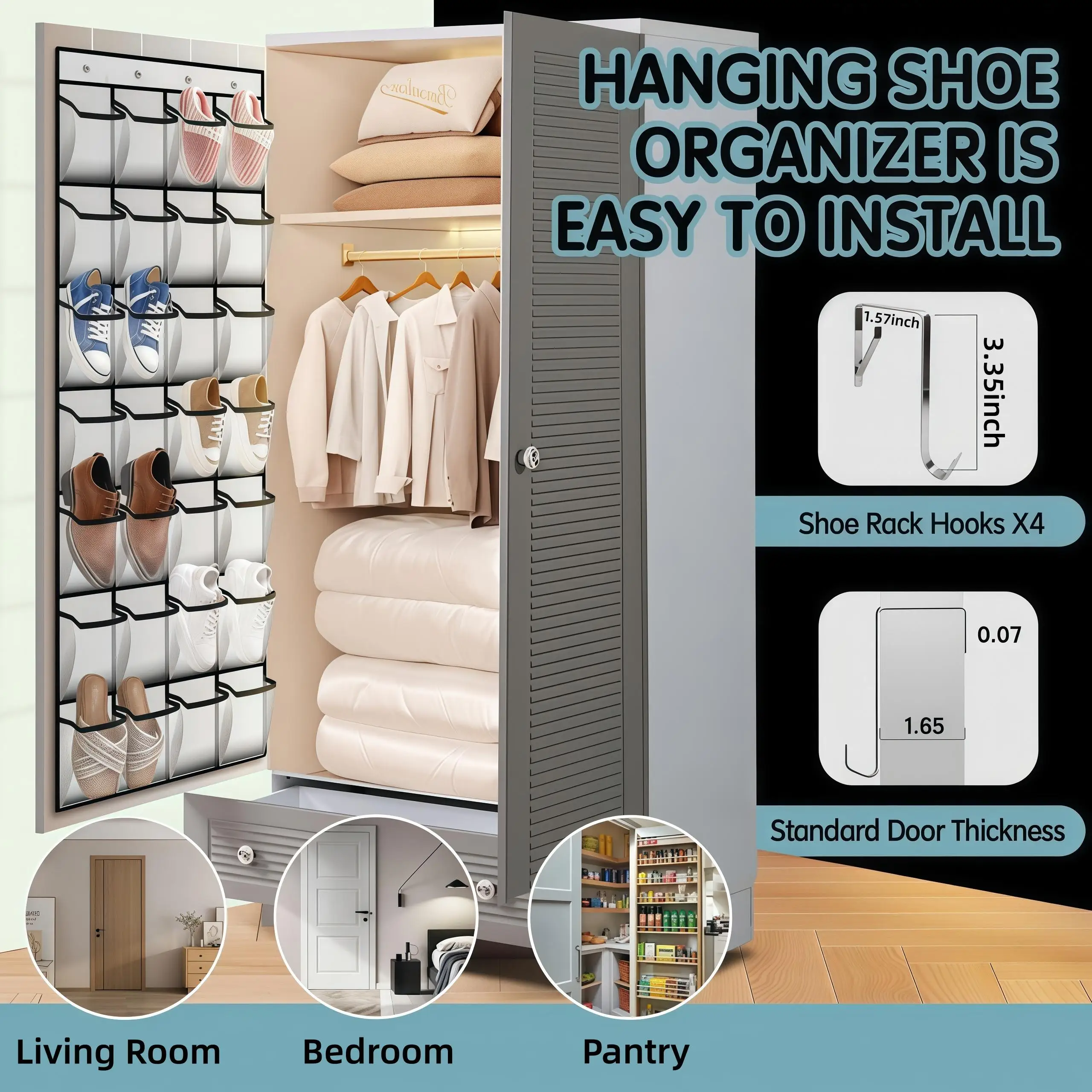 28 Pockets Over The Door Shoe Organizer Large Capacity Hanging Storage Bag Space Saving Closet Shoe Rack with 4 Metal Hooks Wardrobe Wall Hanger Pouch for Home Bedroom Organization White view 4