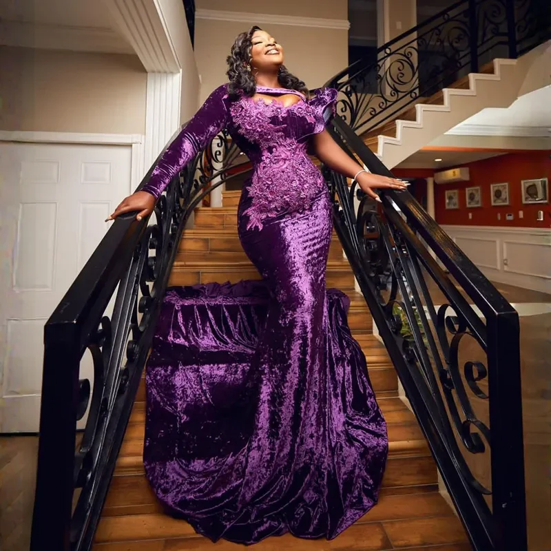 African Purple Velvert Elegant Mermaid One Shoulder Long Sleeve Lace Beads Evening Dresses For Special Occasion Party Gowns 2024