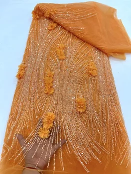 프랑스 메쉬 3D 꽃 자수 구슬 레이스 원단, 스팽글 포함, 아프리카 나이지리아 원단, 웨딩 원피스, 2024 패션