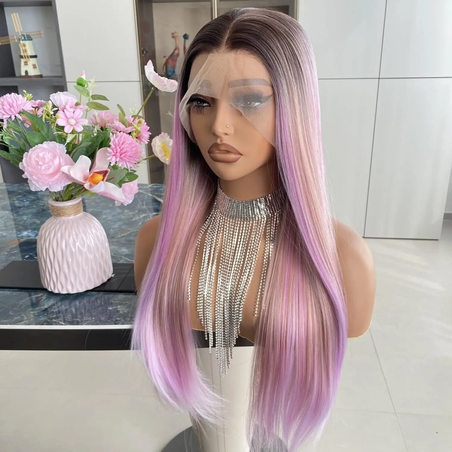 

Pink And Lavender Wig Rainbow Straight 13x4 Lace Front Wig Heat Safe