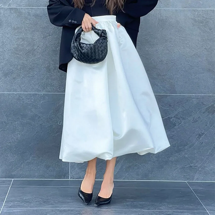 Elegant Long White Skirts Women 2025 Fashion High Waist Black Loose Party Skirts Autumn Pleated Midi Skirt Female Vintage