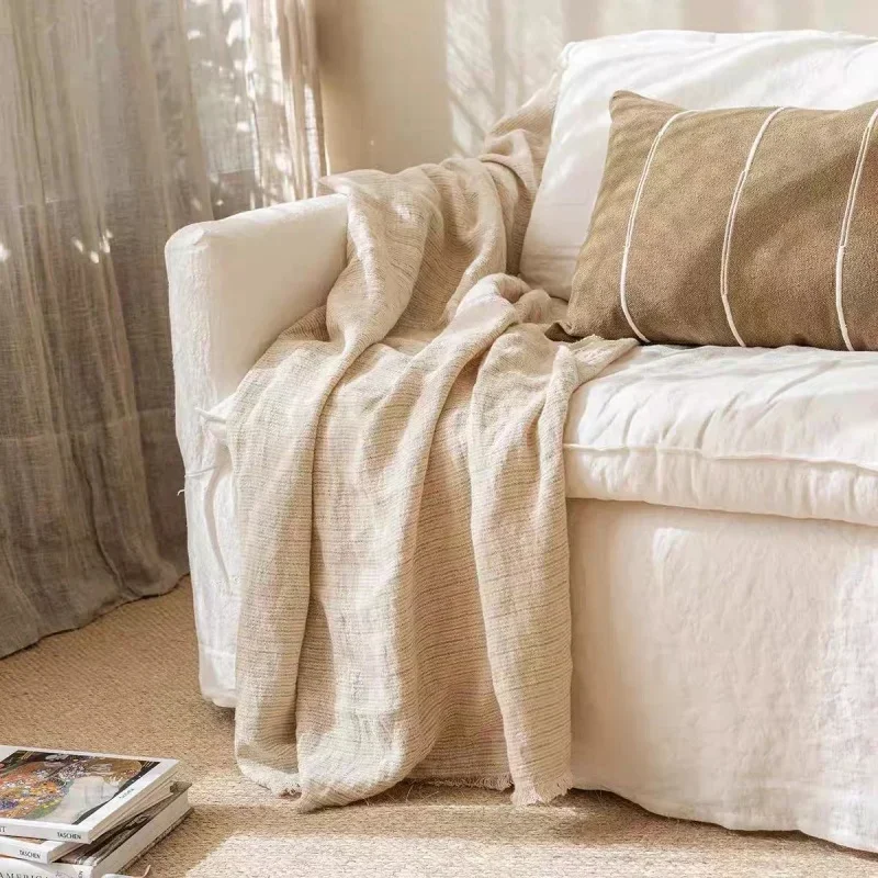 Wabi-sabi wind bedroom double sofa, removable and washable cotton and linen fabric down, modern and simple home