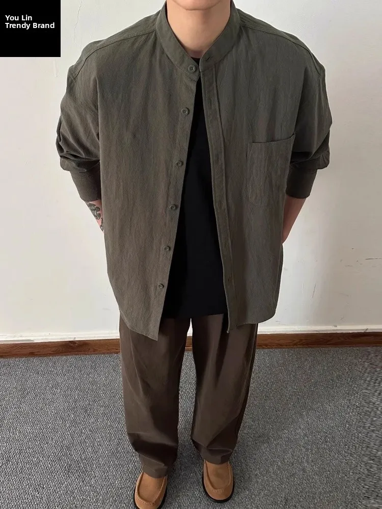 

Military Green Cotton Linen Stand Collar Shirt Men's Long Sleeve Retro American Style Spring Autumn Jacket Cleanfit New Chine...