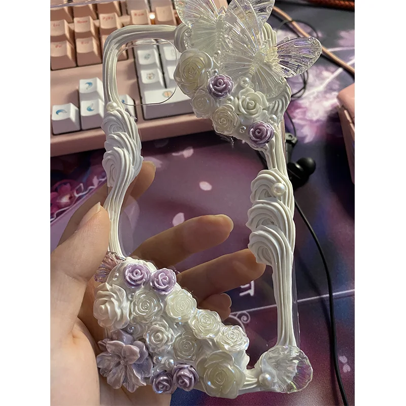 4093 INS Style Cute Simple Butterfly Elegant Cream Gel Phone Case تصميم مصنوع يدويًا متوافق مع Apple Oppo Huawei Vivo #3