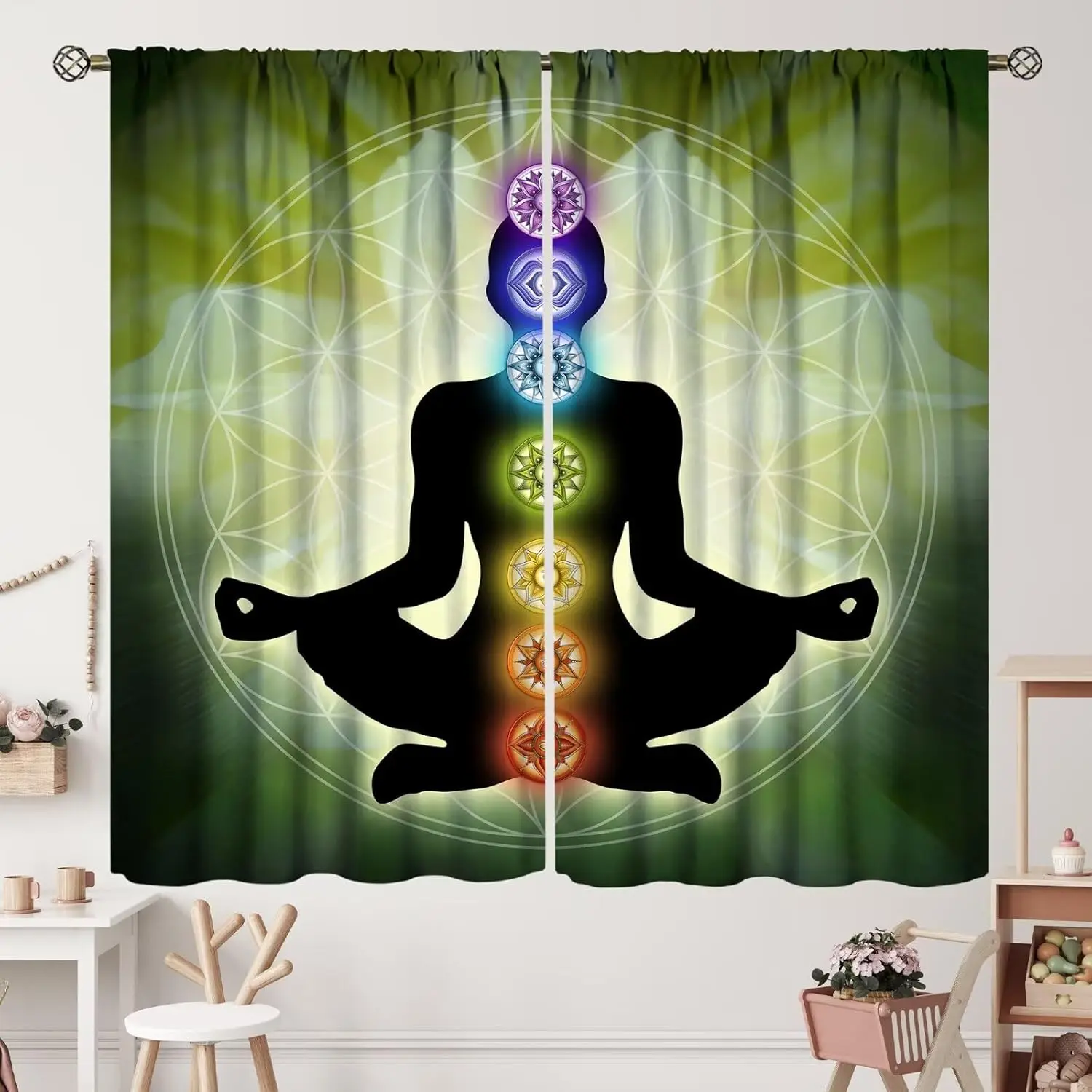 Seven Chakra Curtains Zen Yoga Meditation Lutos Mandala Curtain with Rod Pocket for Bedroom Living Room Home Decor Drapes