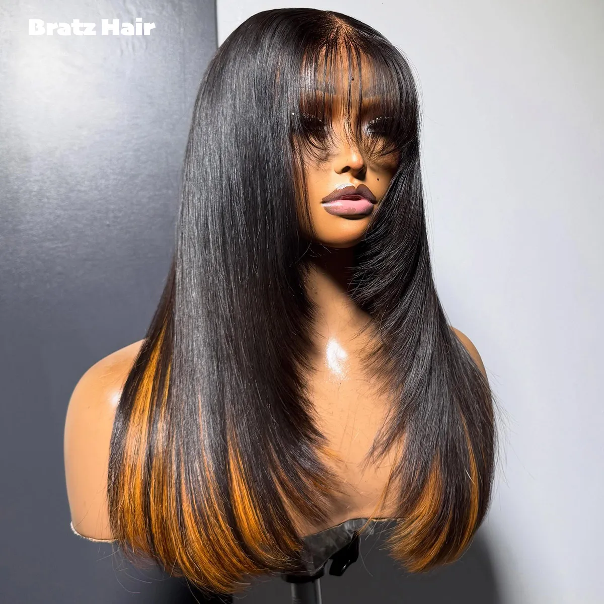 Wear and Go Glueless Wig 100% Human Hair Ombre Highlight Orange Fringe Wig Pre Cut Pre Cut Style 2x6 Kimk Clousre Wig with Bangs