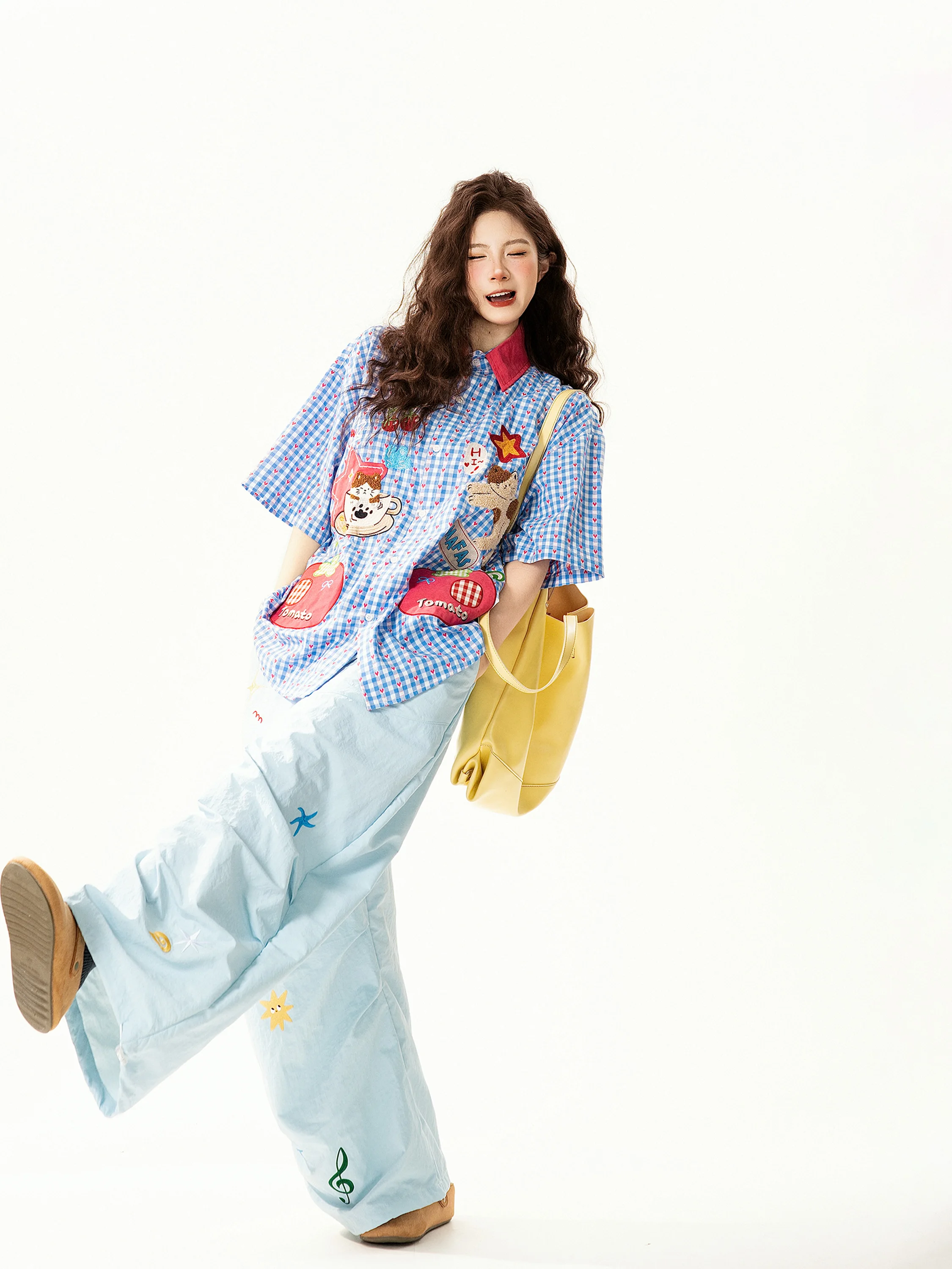 

Женская свободная повседневная рубашка с коротким рукавом в стиле ретро с мультяшной вышивкой и клетчатым узором, универсальная летняя модная рубашка на пуговицах