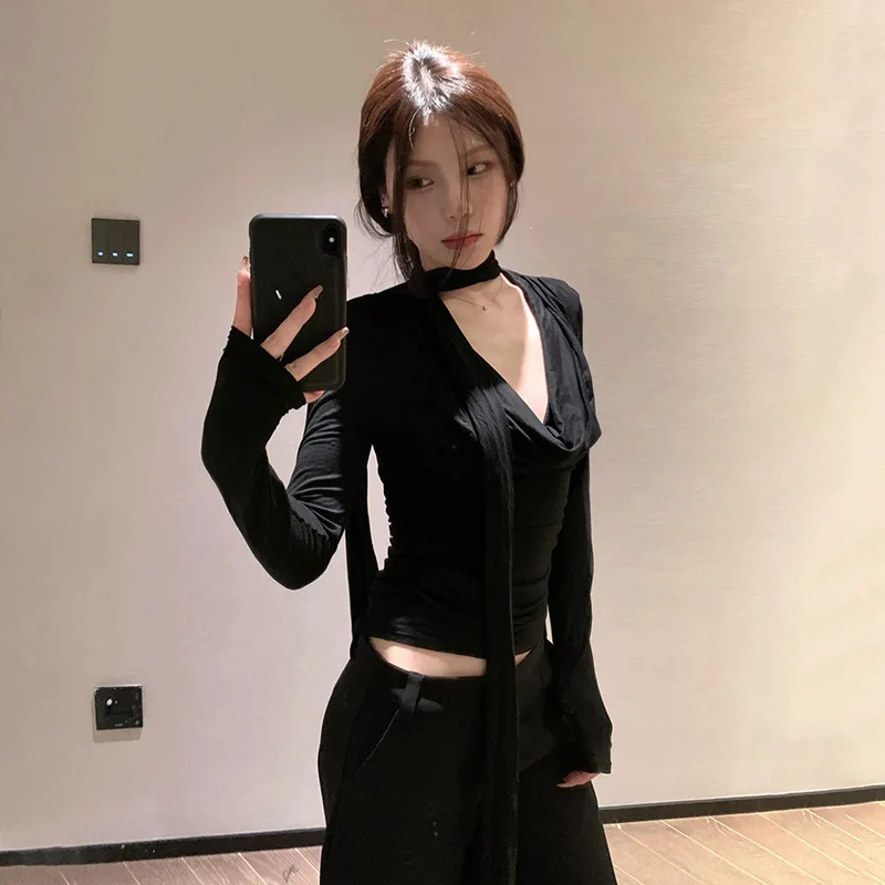 SylCue تي شيرتات عصرية غير رسمية للنساء مكشكشة بسيطة على شكل حرف v وأكمام طويلة نحيفة قابلة للتمدد قطع علوية أساسية بسيطة ملابس الشارع الشهير #2