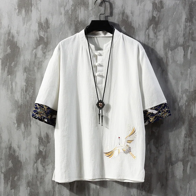 Loose Fit Linen Cotton T-Shirt Men's Summer Short Sleeve Embroidered V-Neck Cool Feeling Traditional Chinese Style Upperwear