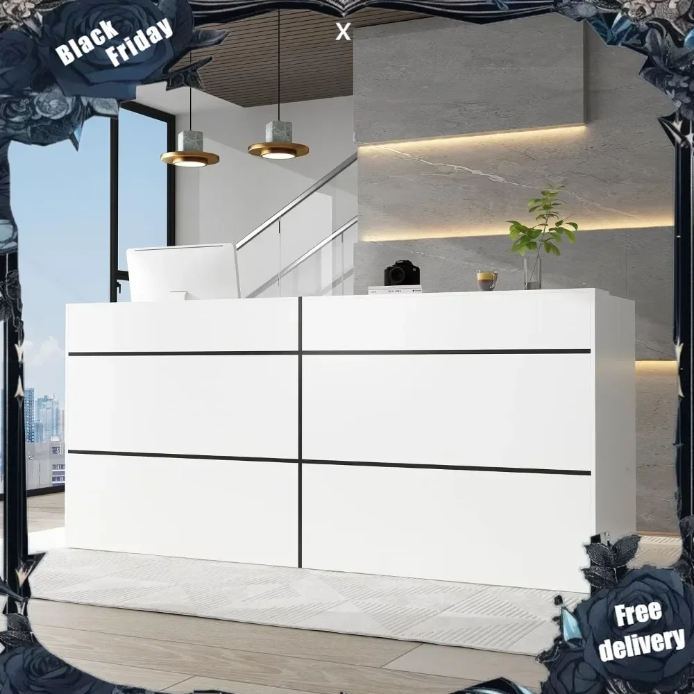 Extra Long Reception Desk with Drawers, Modern Pattern, Office Desk Reception Counter Table 2 Person, White