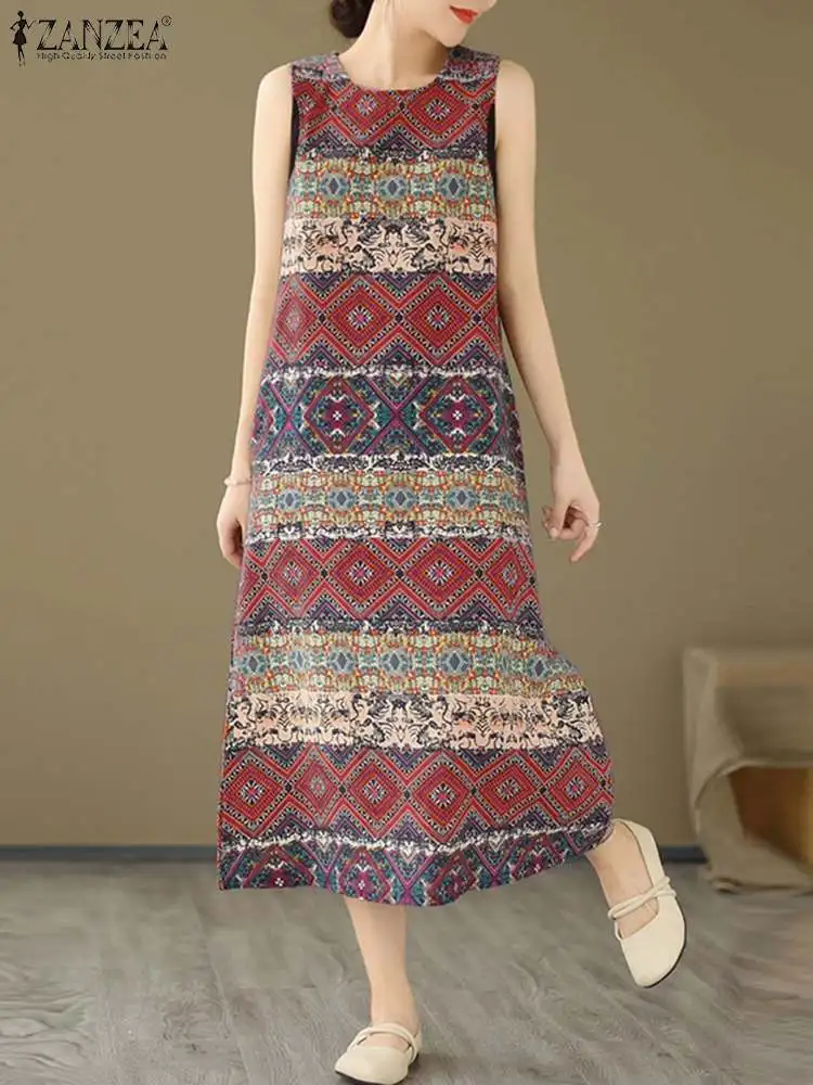 Women Bohemain Sleeveless Sundress ZANZEA Summer Printed Dress Vintage Beach Holiday Vestidos Casual O Neck Baggy Midi Dresses