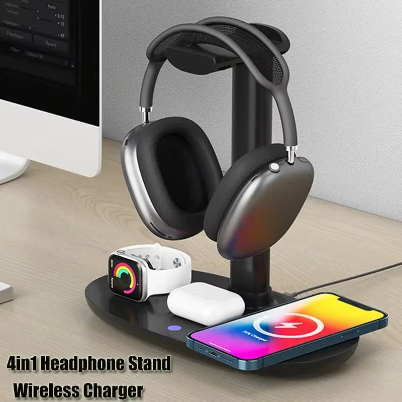 

Headset Holder Bluetooth Headset 4in1 Hanger Wireless Charger for IOS Phone Watch Headphones Stand for Airpods Max Detachable