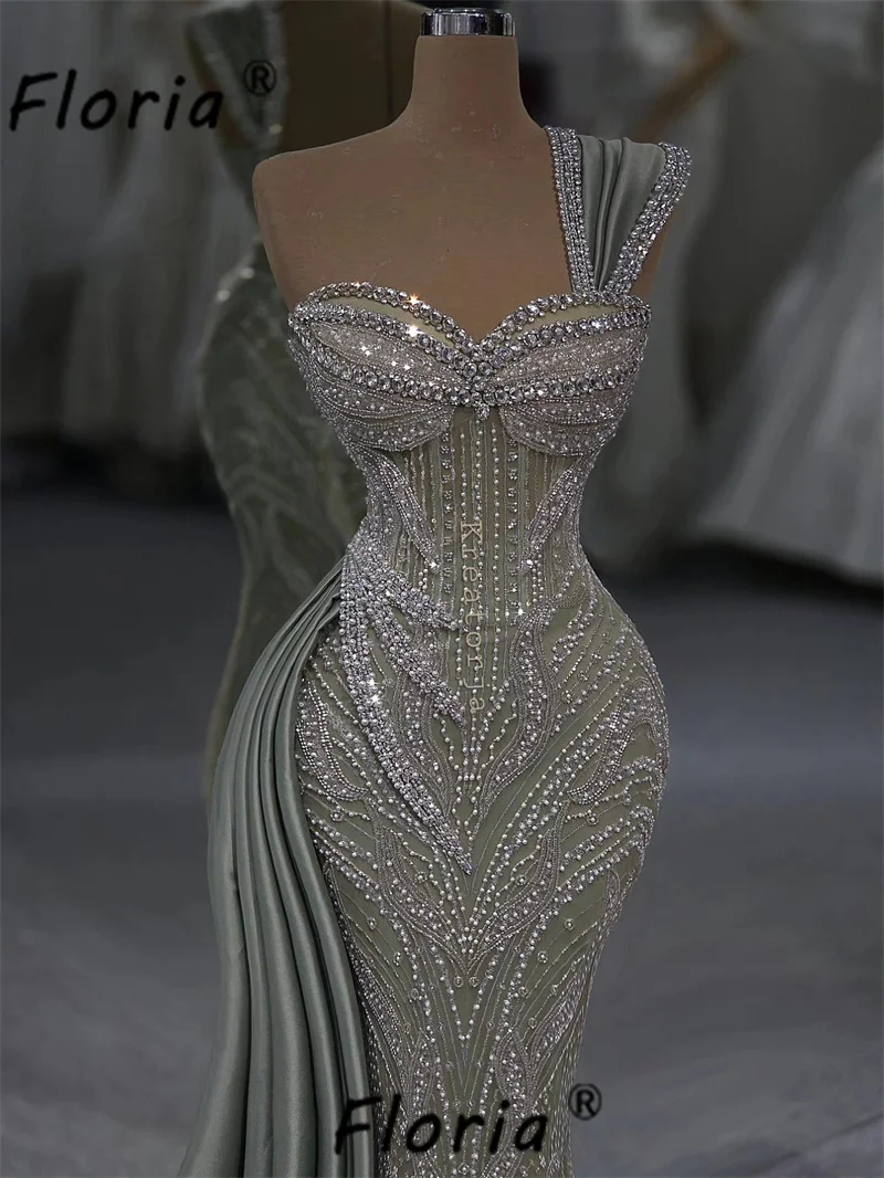 Arabic Green Mermaid Prom Dress Sparkly Silver Beads Crystal Special Party Birthday Dresses Elegantes Customized Formal Gowns