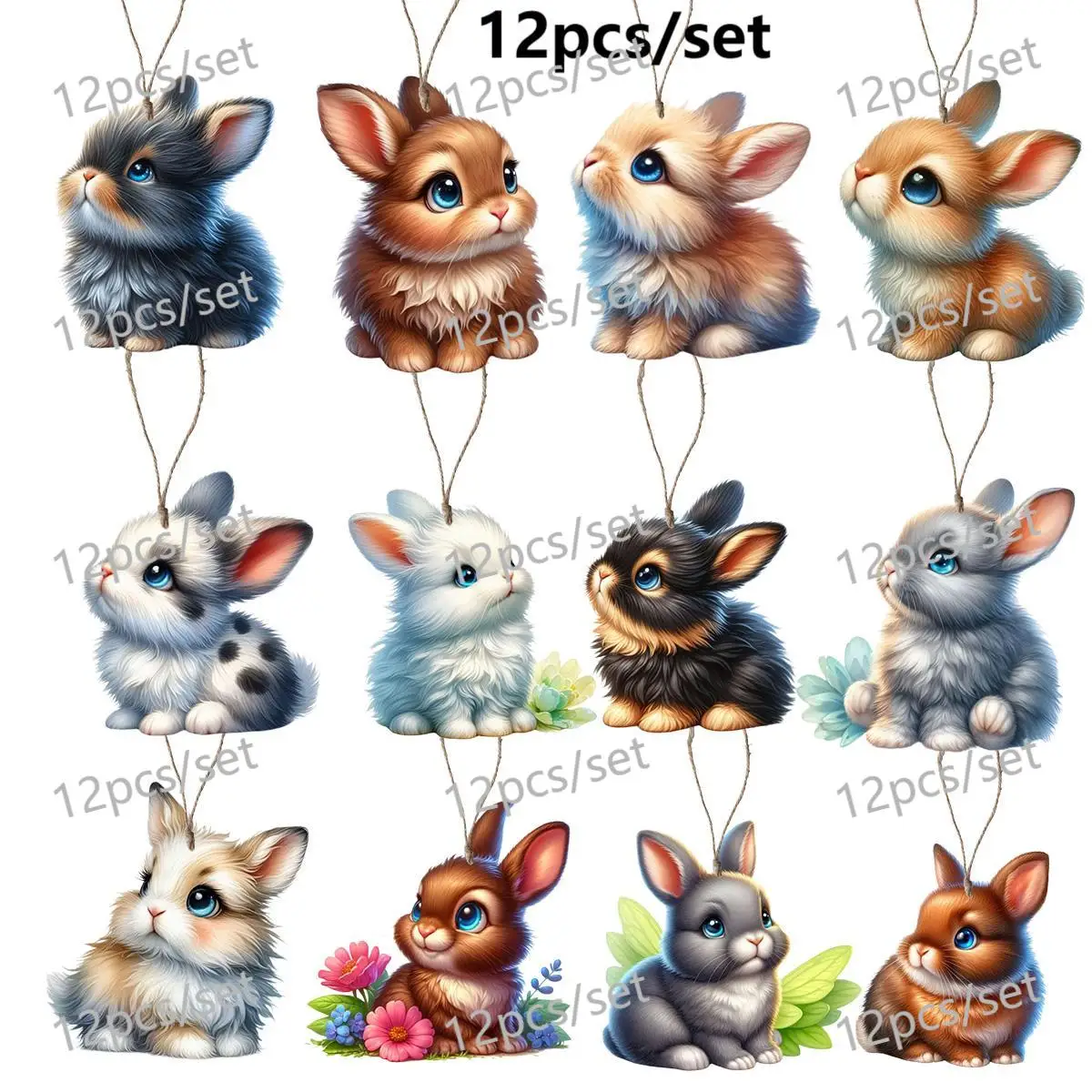 12 Stück/Set Osterhasen-Hängeornamente, 2D-flache, mehrfarbige niedliche Hasenformen aus Holz, Oster-Heimdekoration, Party-Dekoration