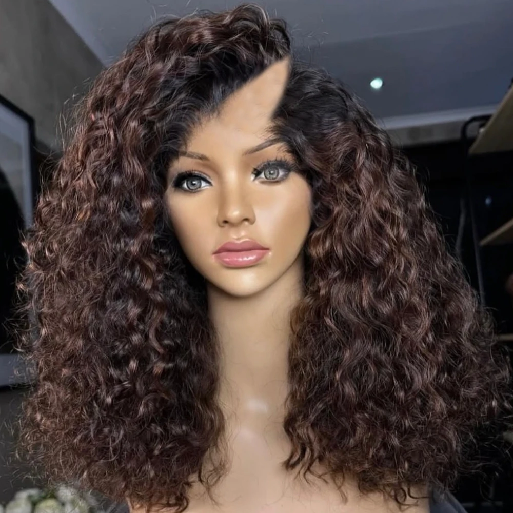

Ombre Chocolate Brown Balayage Chestnut 1x4 Size U Part Wig Human Hair Women Afro Kinky Curly Glueless V Part Wigs Machine Made