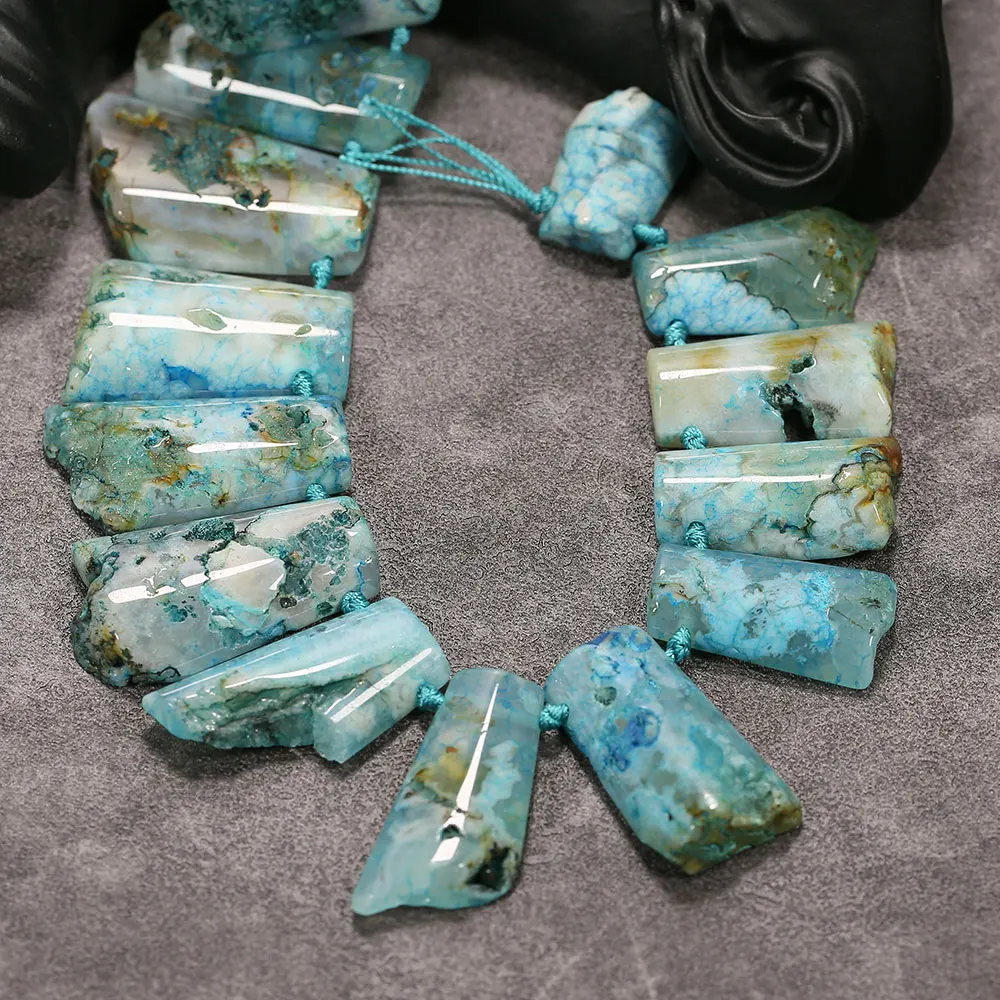 APDGG Point Top Drilled Blue Ocean Jasper Agate Stone Slab Nugget Coated Gems Slice Loose Beads  Jewelry Making DIY